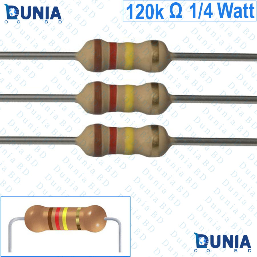 120k ohm 1/4 watt Quarter watt Resistor ±5% 120kΩ 120 Kohms 120000 ohms Carbon Film Resistance