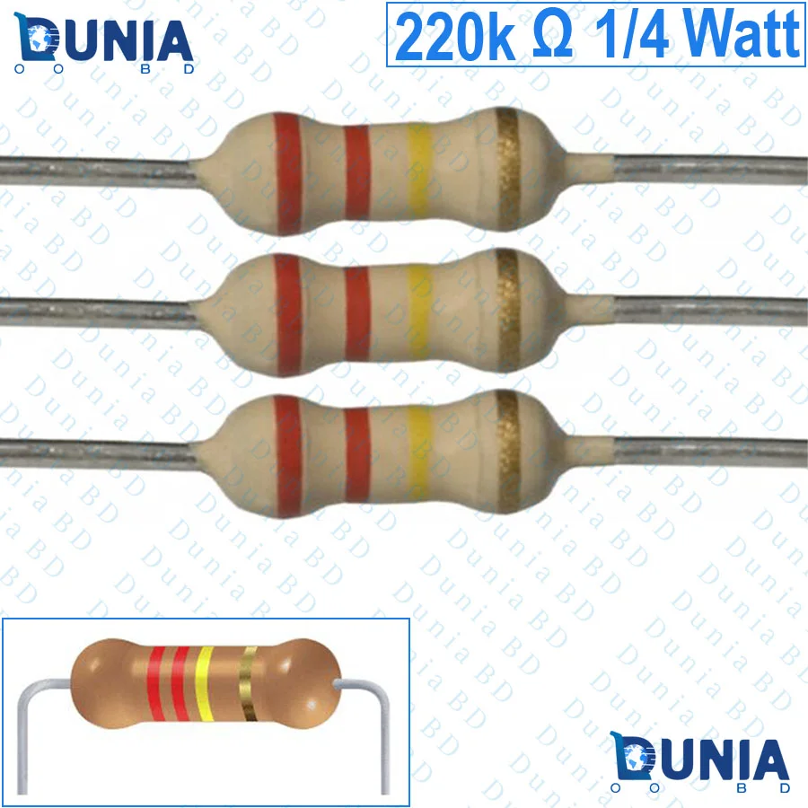220k ohm 1/4 watt Quarter watt Resistor ±5% 220kΩ 220 Kohms 220000 ohms Carbon Film Resistance