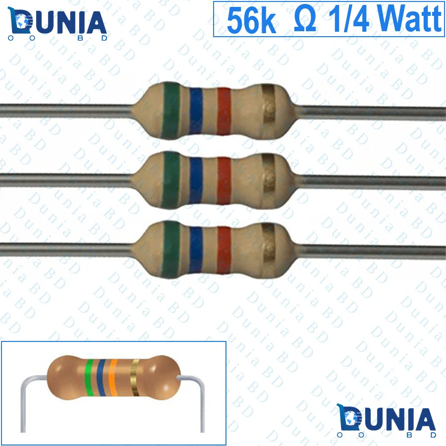 56k ohm 1/4 watt Quarter watt Resistor ±5% 56kΩ 56 Kohms 56000 ohms Carbon Film Resistance