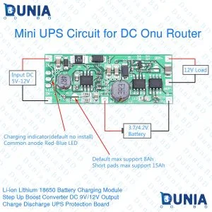 Mini UPS Circuit for DC Onu Router Plus Li-ion Lithium 18650 Battery Charging Module Step Up Boost Converter DC 9V/12V Output Charge Discharge UPS Protection Board