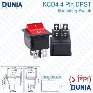 KCD4 DPST 16A 220v AC Illuminated Pure Cupper Rocker Switch ON-OFF 2 Position 4 Pins