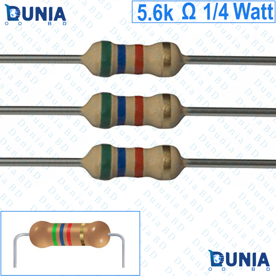 5.6k ohm 1/4 watt Quarter watt Resistor ±5% 5.6kΩ Kohms 5600 ohms Carbon Film Resistance