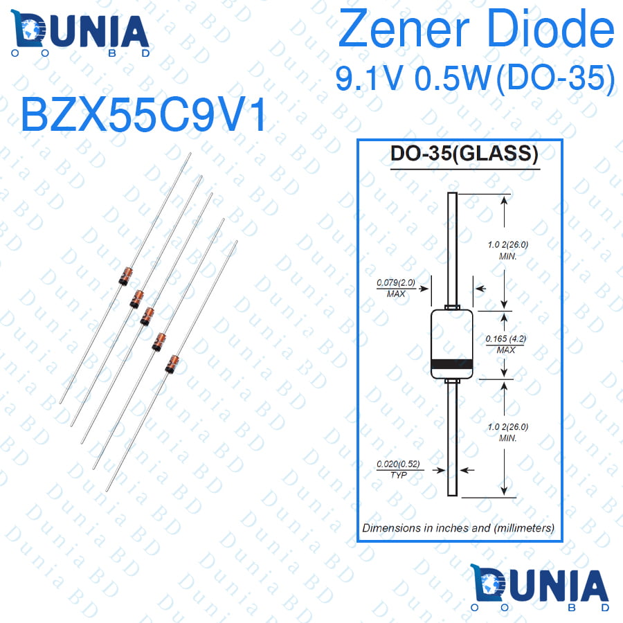 9.1V Zener Diode 0.5W Half Watt 9.1 Volt DO-35 BZX55C9V1