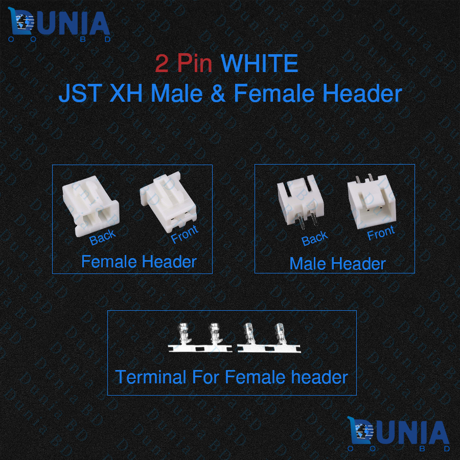 2 Pin WHITE FEMALE & MALE HEADER Female Housing JST XH 2-WAY VERTICAL