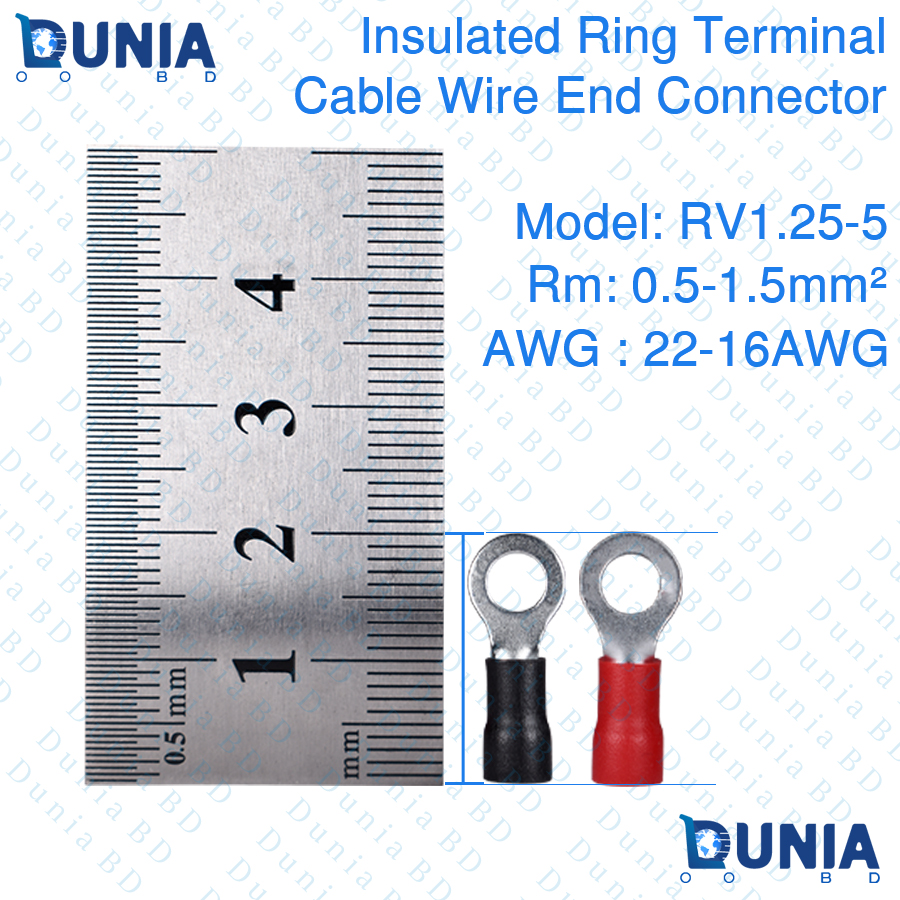 RV1.25 - 5 s LUG 1.5 Rm Round Insulated Ring Terminal Cable Wire End  Connector 