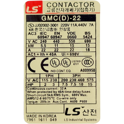LS GMC-22 AC Magnetic Electric Power Contactor 3pole with Electromagnetic Starter