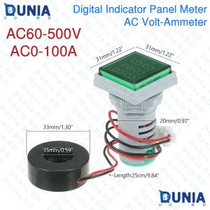 Mini Digital Volt-Ammeter AC60-500V AC0-100A AC Panel Meter Voltammeter Ammeter Voltmeter Double Led Display Voltage & Current Meter Indicator Monitor