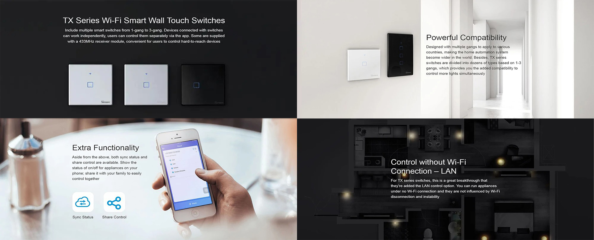 SONOFF iFan04-H Wifi Smart Fan Light Controller 433 Mhz Remote Control 220-240V Smart Home Switch Work with Alexa Google Home