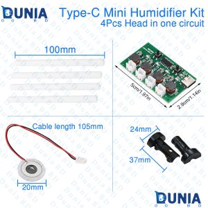 4 Pcs Mini Humidifier Mist Maker and USB Type-C Driver Board Oscillating 5V DIY Kits Device Atomizing Film Atomizer Foil