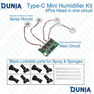 4 Pcs Mini Humidifier Mist Maker and USB Type-C Driver Board Oscillating 5V DIY Kits Device Atomizing Film Atomizer Foil