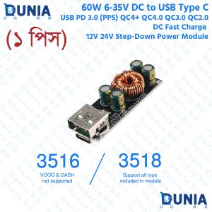 60W 6-35V DC to USB Type C PD 3.0 QC4 Type A QC3.0 DC Fast Charge 12V 24V Step-Down Power Module USB Type-C Mobile Phone Quick Charge Adapter
