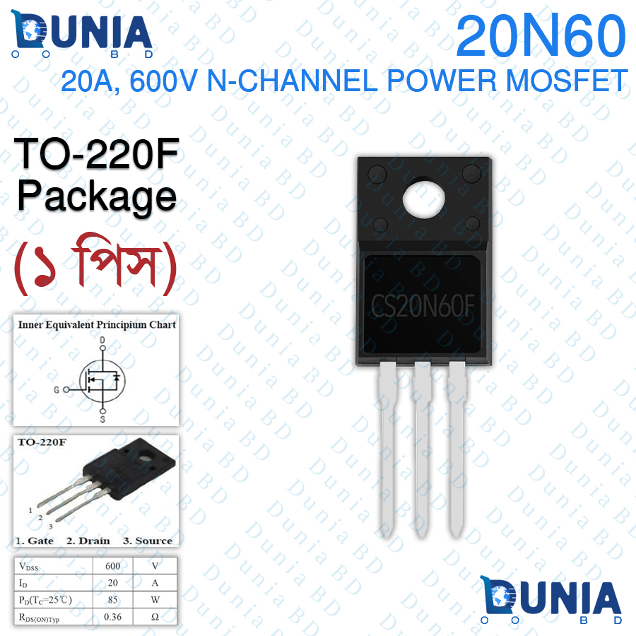 20N60 20A 600V N-Channel Power MOSFET Transistor TO-220F Package