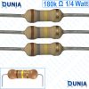 180k ohm 1/4 watt Quarter watt Resistor ±5% 180kΩ 180 Kohms 180000 ohms Carbon Film Resistance