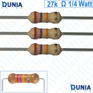 27k ohm 1/4 watt Quarter watt Resistor ±5% 27kΩ 27 Kohms 27000 ohms Carbon Film Resistance