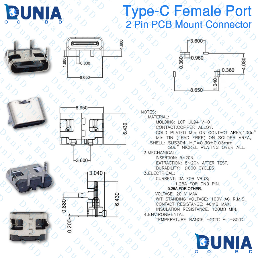 Type-C 2 6 Pin SMD Female USB Port with SMT Jack Solder Connector