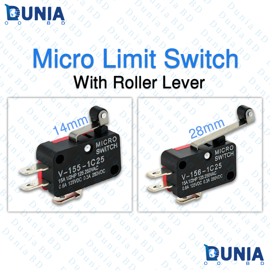 Micro Limit Switch 3 Pin Plastic Roller Short and Long Lever Arm 15A 125/250VAC