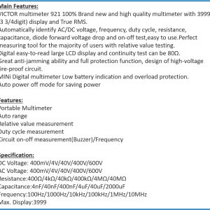 VICTOR VC921 4000 Counsts Mini Palm Digital Multimeter Voltage Resistance Capacitance Foldable Multimetro Electrical Tester