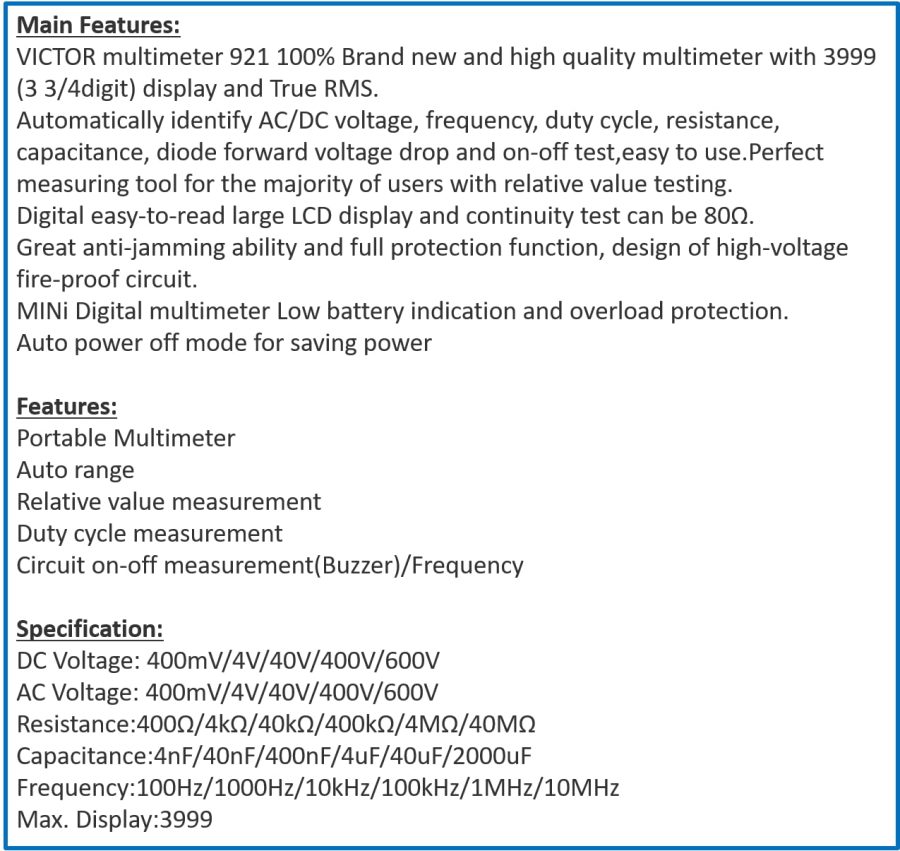 VICTOR VC921 4000 Counsts Mini Palm Digital Multimeter Voltage Resistance Capacitance Foldable Multimetro Electrical Tester
