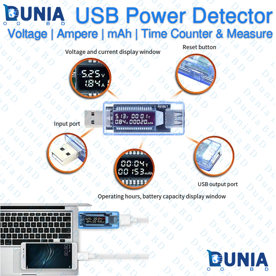 USB Power Detector Tester Voltage Current mAh Time Counter Meter for Charger Cable Device Testing