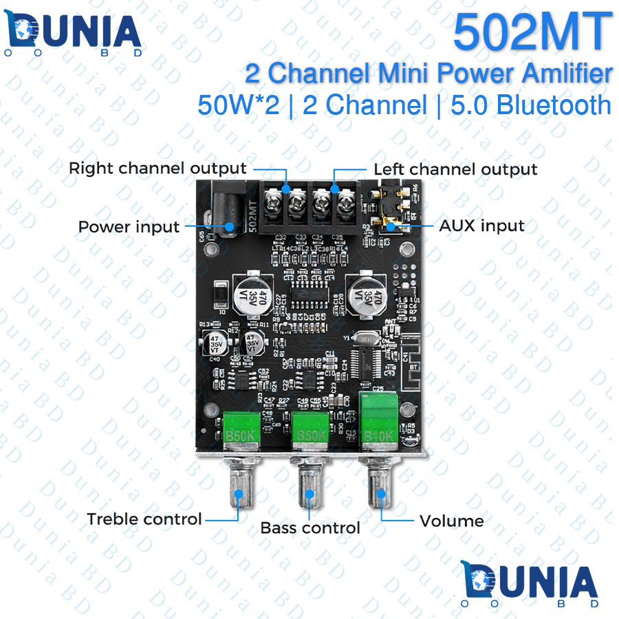 502MT Bluetooth 5.0 Amplifier Board Module 2 Channel Mini Power Amp 50W+50W