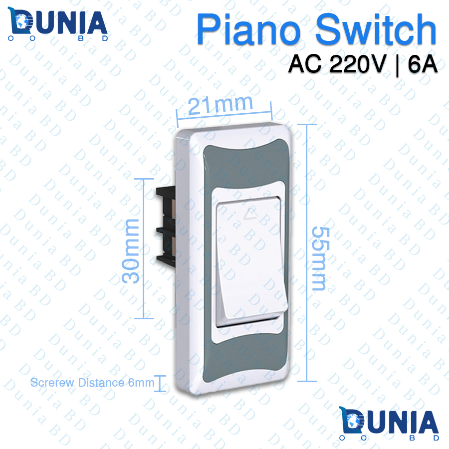 Piano Switch AC 220V 6A 1 Gang Wall Mount Electrical Light Switch 55mm