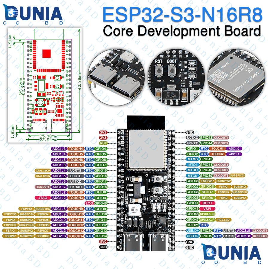 ESP32-S3-N16R8 Core Development Board 16MB Flash 8MB PSRAM Dual Type-C USB