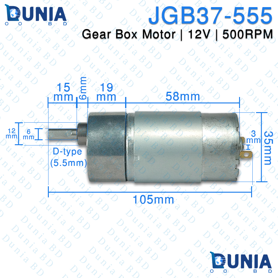 JGB37-555 DC 12V 500RPM Gear Box Motor with 5.5mm D-Type Shaft