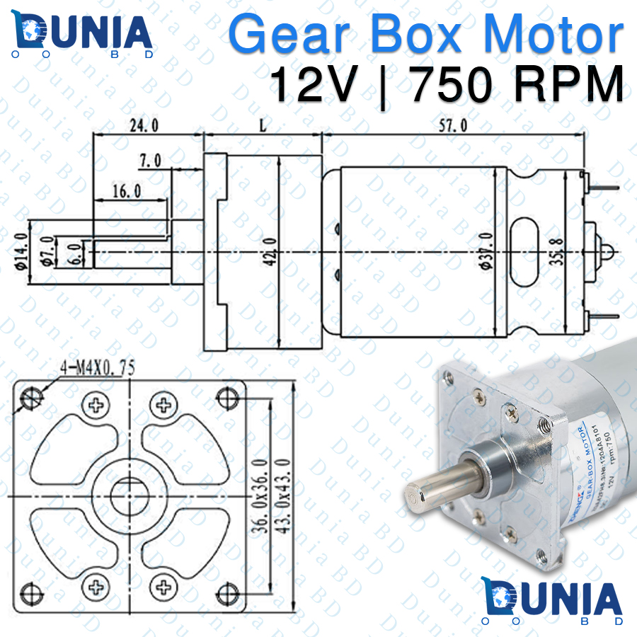 555 Gear Box Motor 12V 750RPM DC Geared Motor for Robotics and Automation Projects