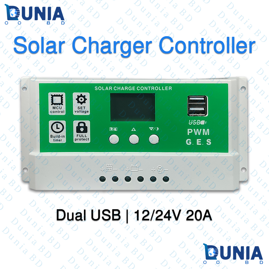 Solar Charger Controller Dual USB 12/24V 20A PWM with Dual USB Ports