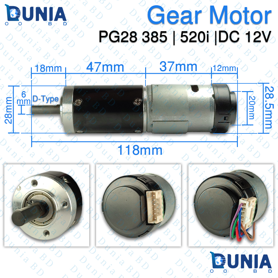 PG28 385 520i DC 12V Planetary Gear Motor with Encoder D-Type Shaft
