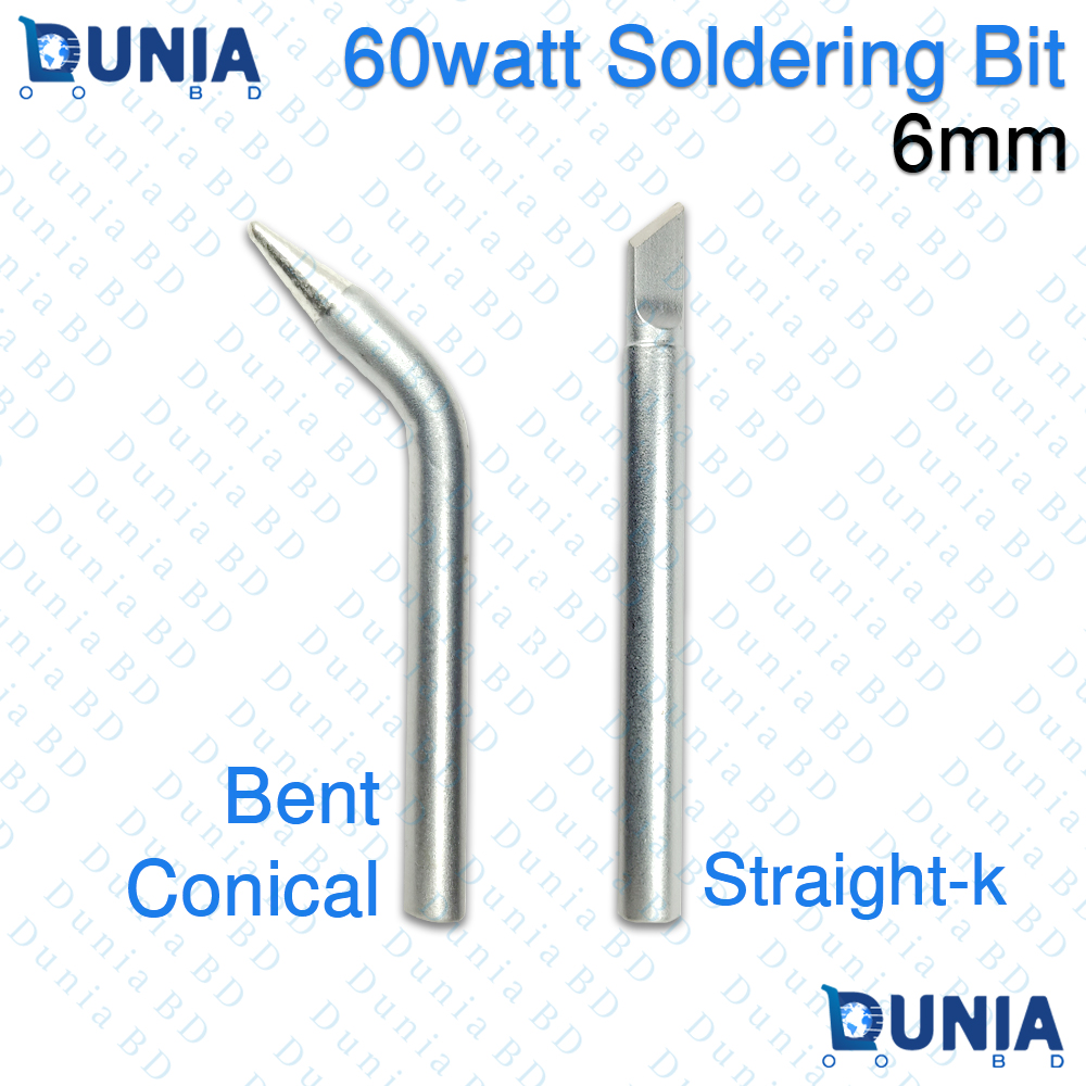 60W Soldering Iron Bit Set 6mm Bent Conical and Straight Knife Tip