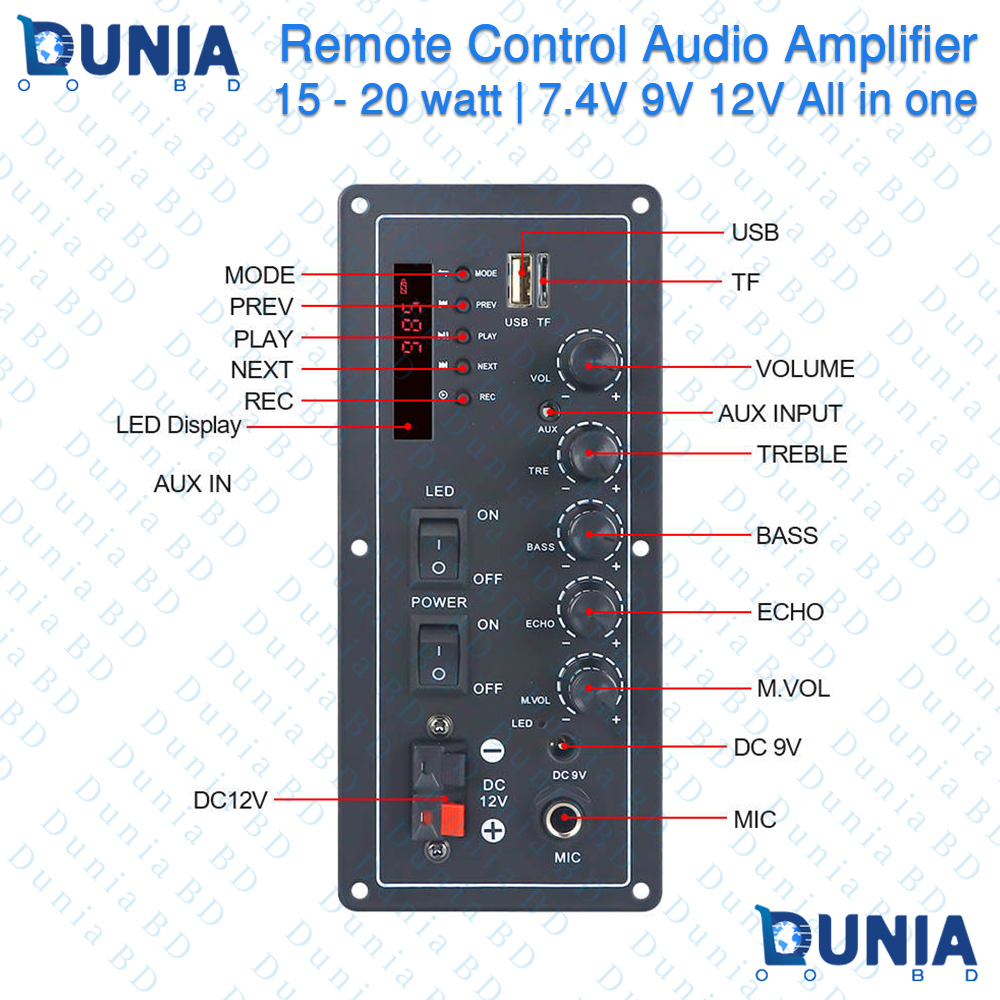 Audio Bluetooth Amplifier E-6 15-20W 7.4V 9V 12V Remote Control Module